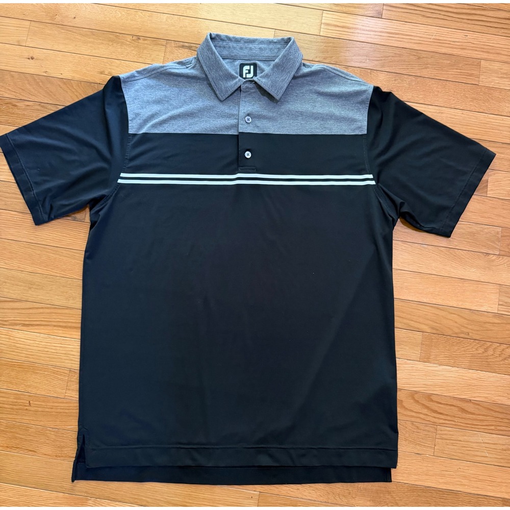 FootJoy FJ Mens XL Golf Polo Shirt Black Gray Colorblock Striped Performance